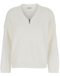 Brunello Cucinelli - Sweater With V Neck And Monile Detail On The Front - Lyst