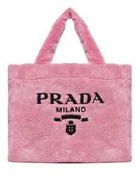 Prada Logo Faux Shearling Tote Bag - Pink