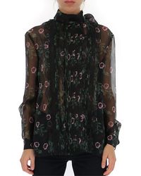 Valentino Sheer Floral Print Pussybow Blouse - Black