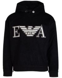 Emporio Armani Logo Embroidered Long-sleeved Hoodie - Blue