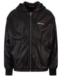 Palm Angels - Hooded Leather Jacket With Logo - Lyst