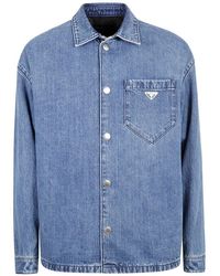 Prada - Buttoned Logo Plaque Denim Shirt - Lyst