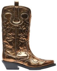 Ganni - Mid Shaft Embroidered Metallic Western Boots - Lyst
