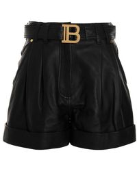 Balmain Logo Leather Shorts - Black