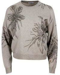 Brunello Cucinelli - Long-Sleeved Round-Neck Wool, Silk And Cashmere Sweater With Flower Print Embellished With Lurex - Lyst