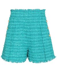 Balmain - Green Shorts High Waist With Pinces And Fringed Hem In Tweed Woman - Lyst
