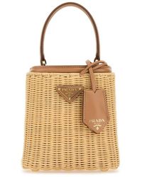 Prada - Two-Tone Wicker And Leather Bucket Bag - Lyst