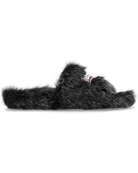 Balenciaga - Logo Embroidered Faux Fur Slides - Lyst