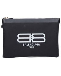 Balenciaga Logo Printed Zipped Clutch Bag - Black