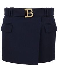 Balmain Short Belted Grain De Poudre Skirt - Blue