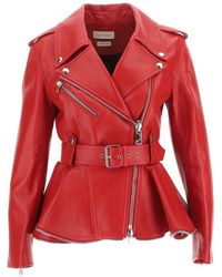 Alexander McQueen - Belted Zip-detailed Leather Peplum Biker Jacket - Lyst