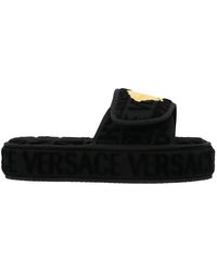 Versace Logo Monogram Platform Slides - Black