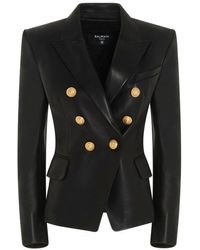Balmain Logo Button Leather Blazer Jacket - Black