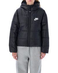 Nike Logo Printed Zipped Hooded Quilted Jacket - Black