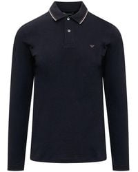 Emporio Armani - Micro Eagle Embroidered Long-Sleeved Stretch Pique Polo Shirt - Lyst