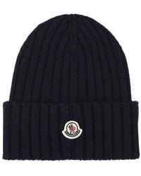 Moncler Logo Patch Knitted Beanie - Blue