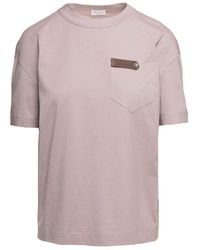 Brunello Cucinelli - Beige Crewneck T-shirt With Monile Detail In Cotton Woman - Lyst