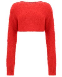 Marni Boat Neck Cropped Fluffy Jumper - Red