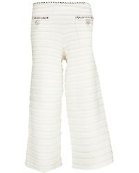 Self-Portrait Striped Knitted Cropped Wide Leg Trousers - White