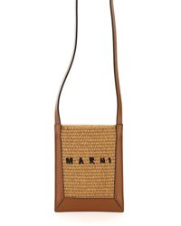 Marni Leather And Raffia Crossbody Mini Bag - Brown
