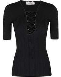 Elisabetta Franchi - Crossover-Lace Short-Sleeved Knitted Top - Lyst