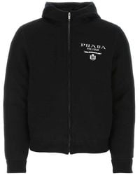 Prada Logo Patch Rib Trim Zipped Leather Jacket in Black for Men | Lyst UK