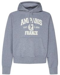 Ami Paris Logo Printed Long-sleeved Hoodie - Blue