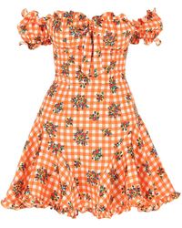 Alessandra Rich Gingham Print Mini Milkmaid Dress - Orange