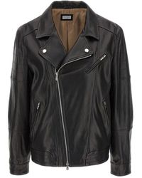 Brunello Cucinelli - Long Sleeves Leather Closure With Zip Leather Jackets - Lyst