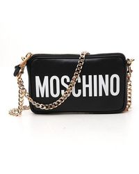 Moschino Logo Printed Chained Shoulder Bag - Black