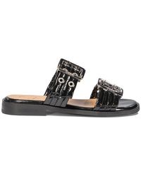 Ganni Buckle Two Strap Sandals in Black | Lyst
