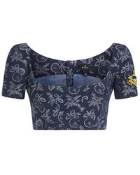 Etro - Denim Jacquard Cropped Top With Apples - Lyst