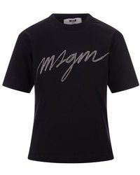 MSGM - T-shirt With Rhinestone Signature - Lyst