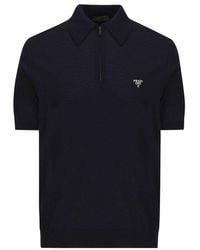 Prada Logo Embroiderd Short-sleeved Polo Shirt - Blue