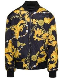 Versace - Black Reversible Bomber Jacket With 'baroque' And 'chain' Motif In Nylon Man - Lyst