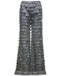 Alberta Ferretti - Grey Flare Pants With All-over Fringes In Semi-sheer Fabric Woman - Lyst