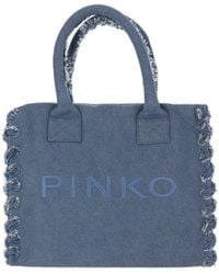 Pinko - Cotton Denim Tote Bag With Logo - Lyst