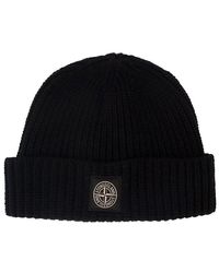 Stone Island - Black Knitted Beanie With Logo Patch At The Front In Wool - Lyst