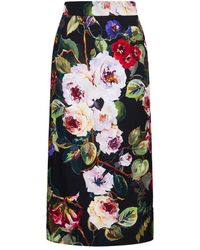 Dolce & Gabbana - Charmeuse Calf-Length Skirt With Rose Garden - Lyst