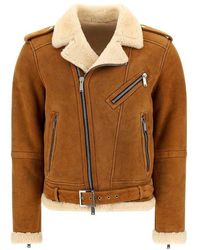 DSquared² Zipped Leather Shearling Trim Jacket - Brown