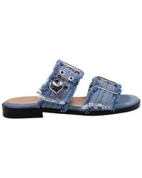 Ganni - Denim Feminine Buckle Two-Strap Sandals - Lyst