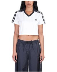 ★ adidas★ Football Jacquard V-Neck Crop Polo Shirt White adidas - Adicolor Football Jacquard V-Neck Crop Polo (White