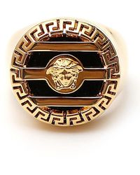 Versace 3d Greek Key Medusa Embellished Logo Ring - Metallic