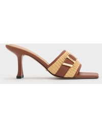 Charles & Keith - Whitney Leather & Raffia Buckled Heeled Mules - Lyst