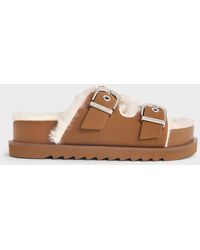 Charles & Keith - Hannah Furry Buckled Double-Strap Sandals - Lyst