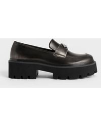 Charles & Keith Metallic Accent Chunky Platform Penny Loafers - Black