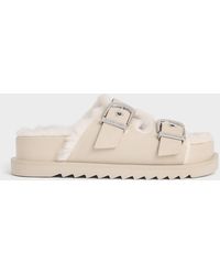 Charles & Keith - Hannah Furry Buckled Double-Strap Sandals - Lyst