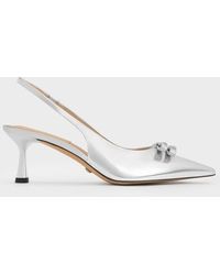 Charles & Keith - Bow Crystal-embellished Metallic Leather Slingback Pumps - Lyst
