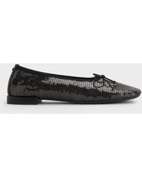 Charles & Keith - Sequin Mesh & Leather Bow Ballet Flats - Lyst