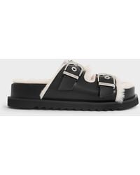 Charles & Keith - Hannah Furry Buckled Double-Strap Sandals - Lyst